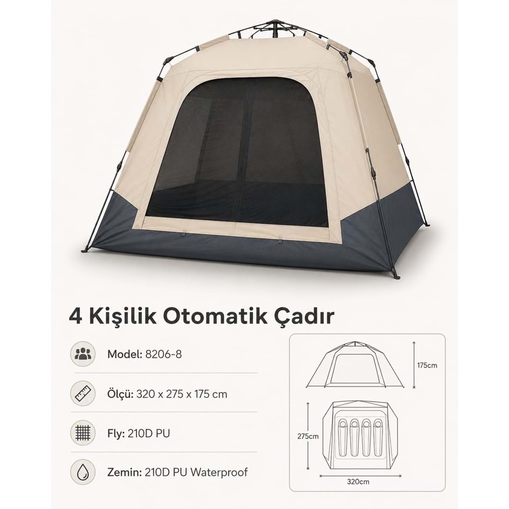 Otomatik çadır 320x275x175cm 8206-8